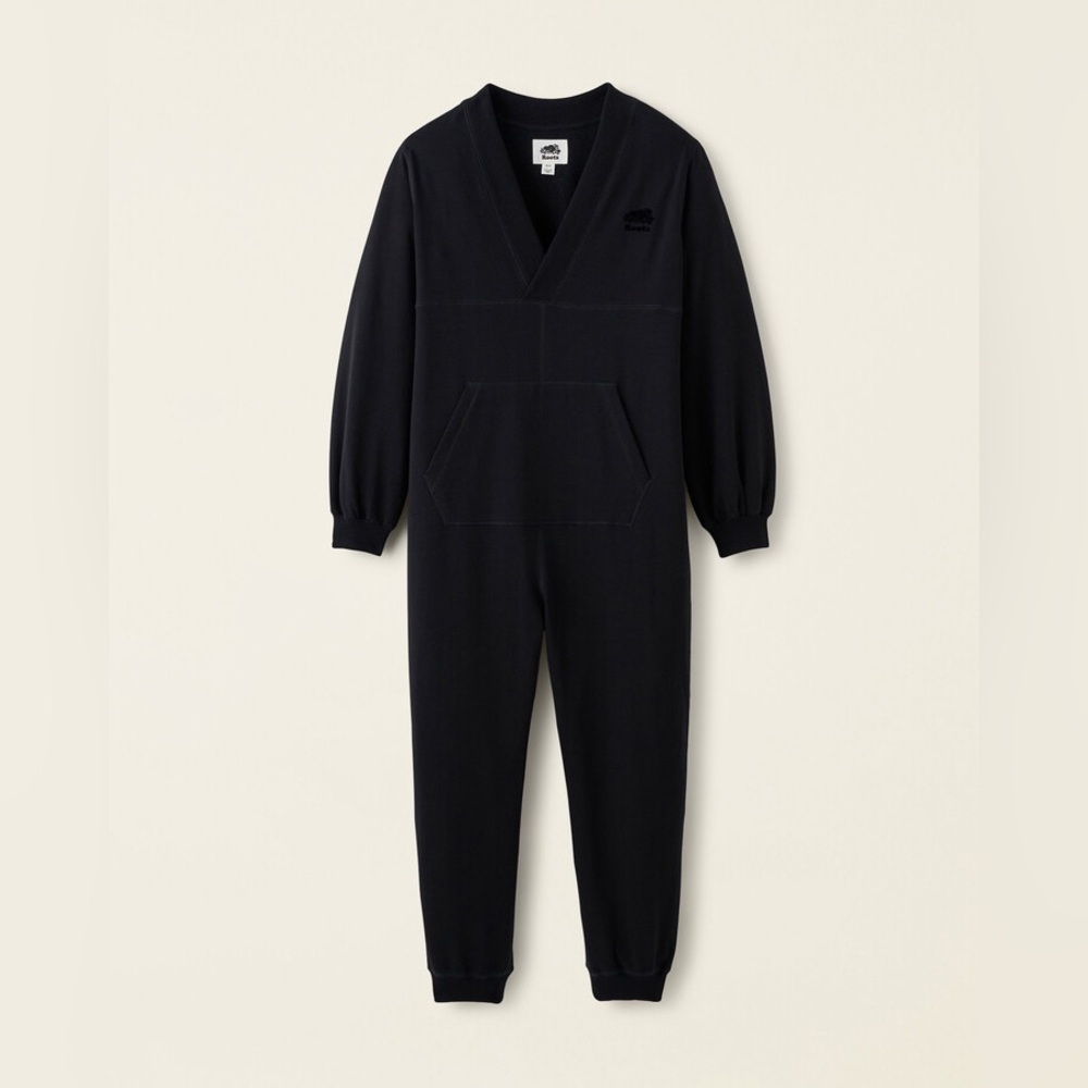 ROOTS Canada - Cooper Cozy Fleece Jumpsuit. Front Kangaroo pocket. Black. Large
